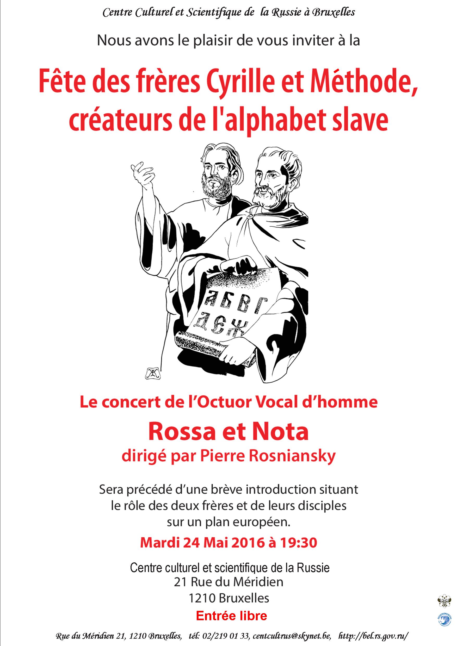 Affiche. CCSRB. Concert « Rossa i Nota » et fête des frères Cyrille et Méthode. 2016-05-24